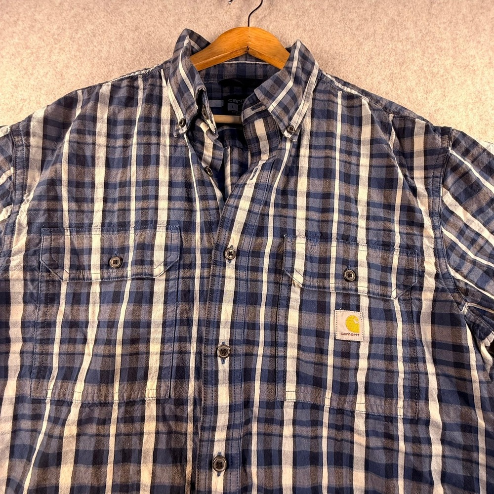 Carhartt Mens Loose Fit Short Sleeve Plaid Button Down Shirt Blue White Large - Picture 5 of 8